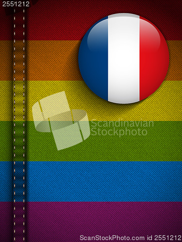 Image of Gay Flag Button on Jeans Fabric Texture France