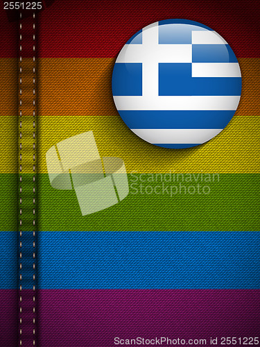 Image of Gay Flag Button on Jeans Fabric Texture Greece