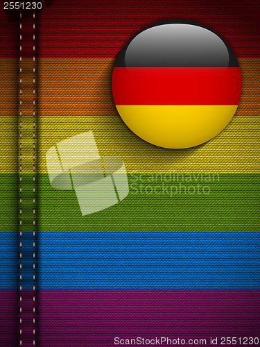 Image of Gay Flag Button on Jeans Fabric Texture Germany