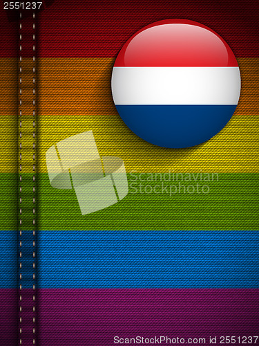 Image of Gay Flag Button on Jeans Fabric Texture Netherlands
