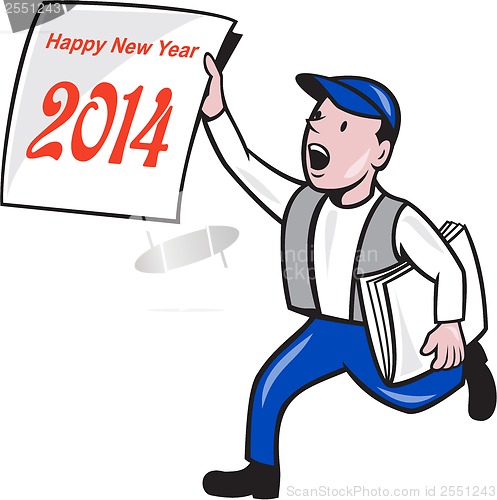 Image of New Year 2014 Newspaper Boy Showing Sign Cartoon