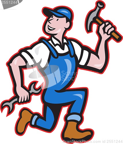 Image of Carpenter Builder Hammer Running Cartoon