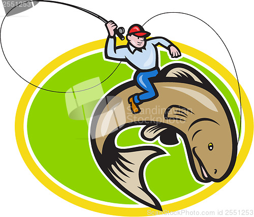 Image of Fly Fisherman Riding Trout Fish Cartoon