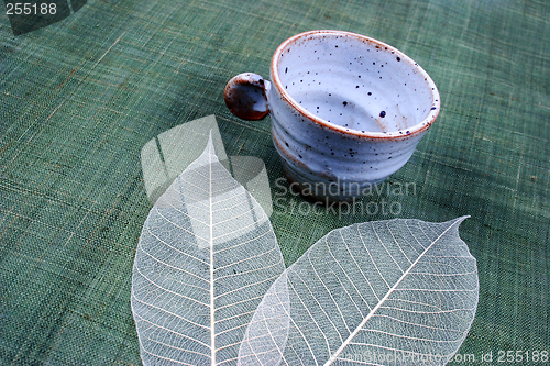 Image of Pottery cup and pretty spring leaves