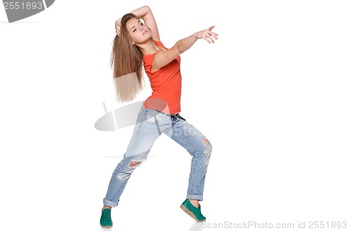 Image of Jumping girl pointing to the side