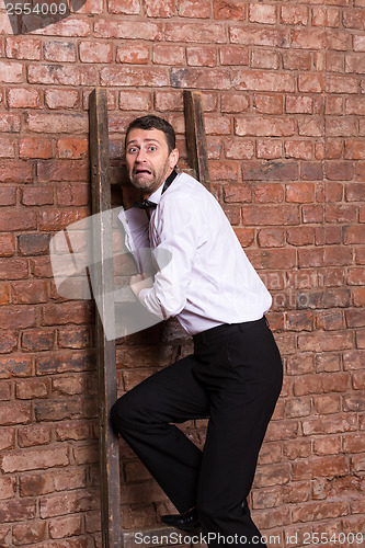 Image of Terrified man trapped at the top of a ladder