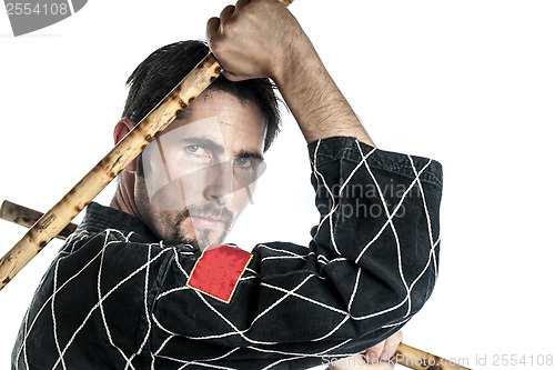 Image of Martial arts master with bamboo sticks