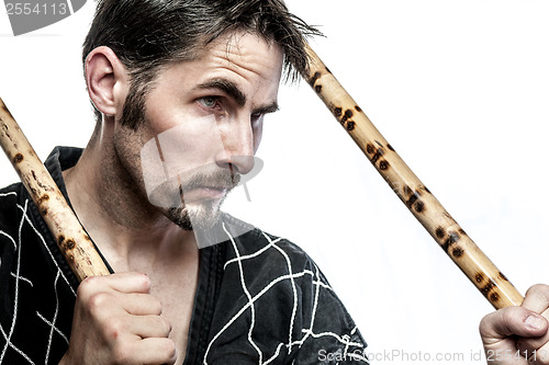 Image of Martial arts master with bamboo sticks