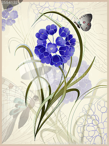 Image of Greeting card with a flower and a butterfly. Floral background.