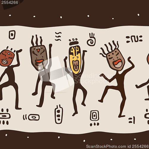 Image of Dancing figures wearing African masks.