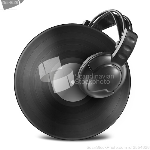 Image of Black vinyl record disc with headphones isolated on white