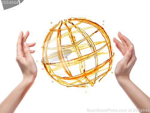 Image of Globe from orange water with human hand isolated on white
