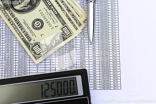 Image of dollar bank notes, calculator and pen