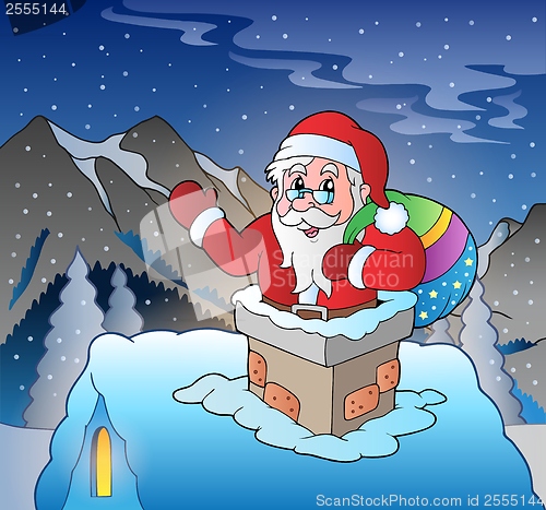 Image of Santa Claus on roof in mountain