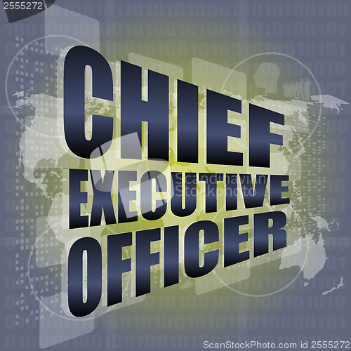 Image of chief executive officer words on digital screen background with world map