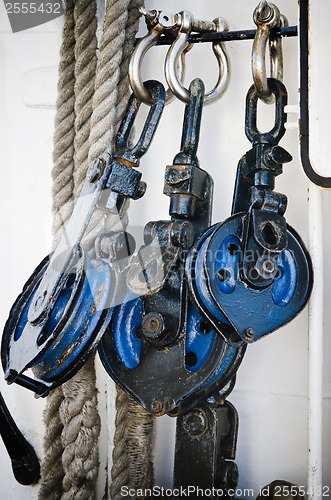 Image of Blocks and rigging at the old sailboat, close-up