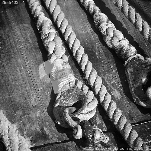 Image of The ropes braided in bays on an ancient sailing vessel
