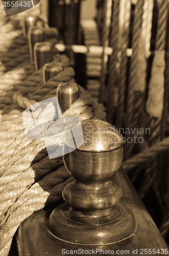 Image of Blocks and rigging at the old sailboat, close-up