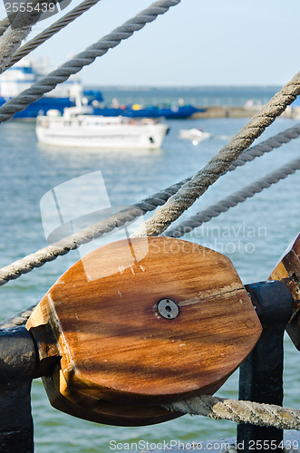 Image of Blocks and rigging at the old sailboat, close-up