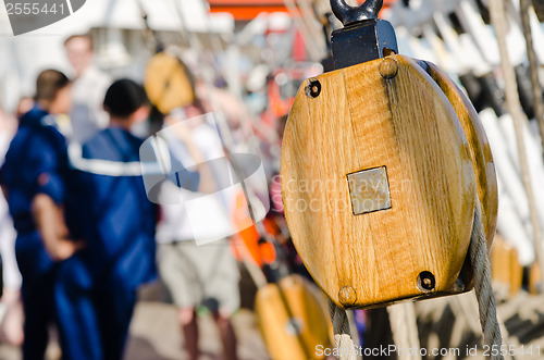 Image of Blocks and rigging at the old sailboat, close-up