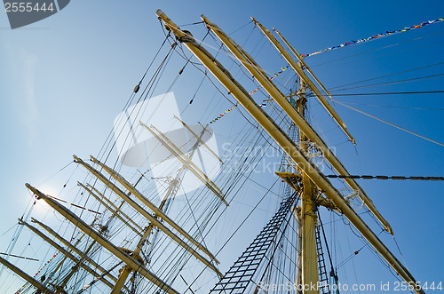 Image of Mast with sails of an old sailing vessel