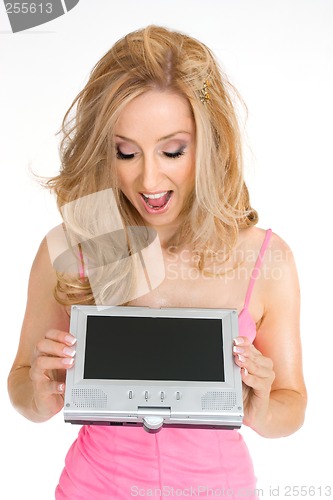 Image of A woman looking down at portable lcd screen