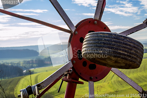 Image of panoramic view through a hay turning machine