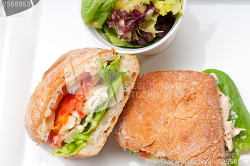 Image of ciabatta panini sandwich with chicken and tomato