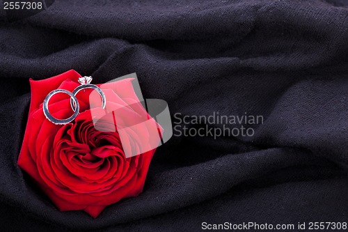 Image of Diamond engagement ring in the heart of a red rose