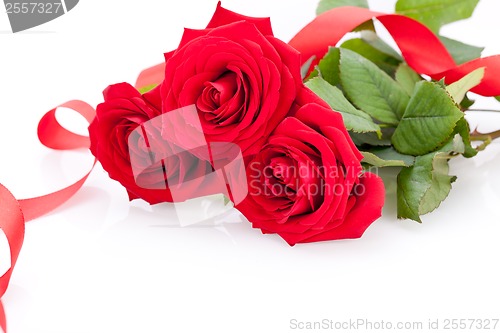 Image of Bouquet of red roses with ribbon border