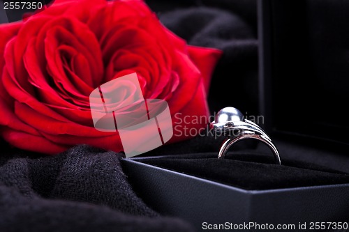 Image of red rose and diamond ring in a box 