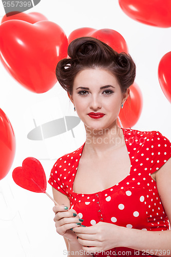 Image of Beautiful retro woman celebrating Valentines