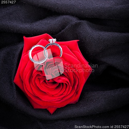 Image of Diamond engagement ring in the heart of a red rose