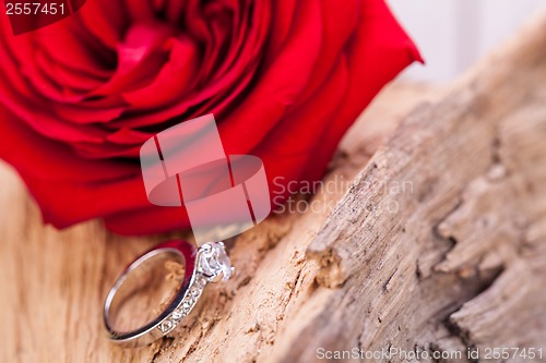 Image of beautiful ring on wooden background and red rose