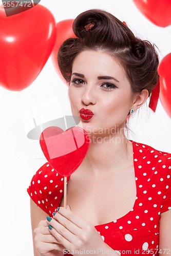 Image of Beautiful retro woman celebrating Valentines