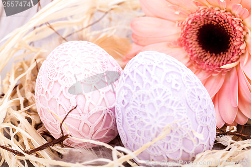 Image of Beautiful Easter eggs in crocheted covers