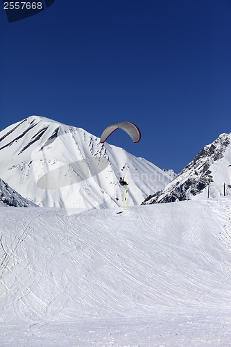 Image of Skydiver landing on ski slope