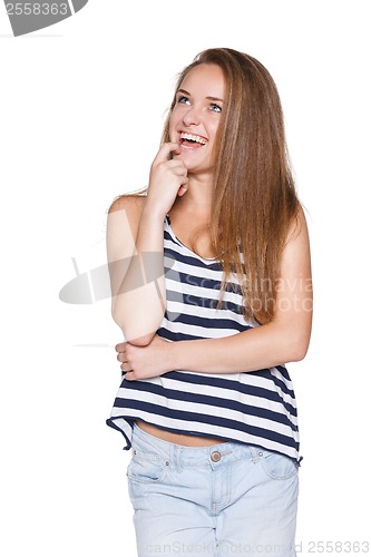 Image of Laughing teenager hipster looking up