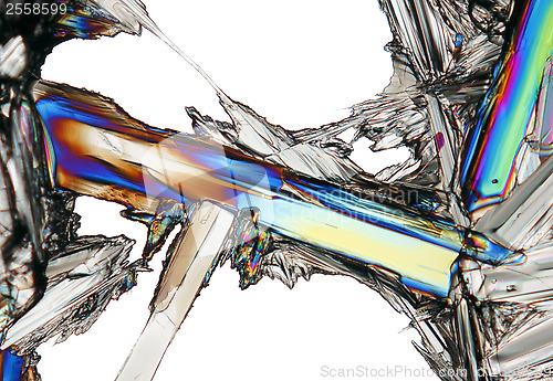 Image of Microscopic view of potassium nitrate crystal in polarized light