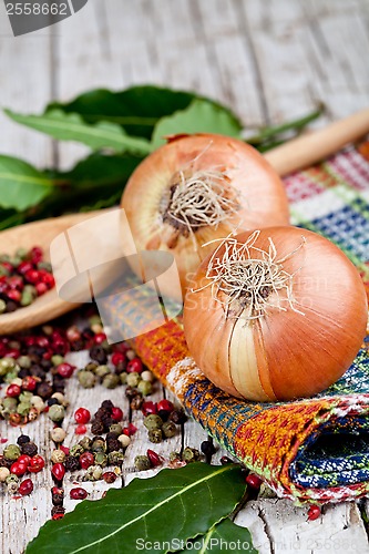 Image of fresh onions, peppercorns and bay leaves