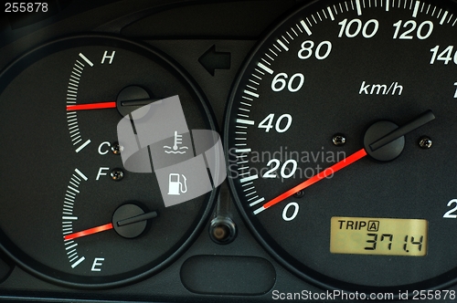 Image of Car dashboard with speed, temperature and fuel