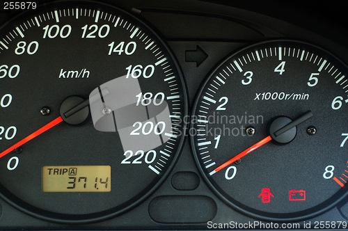 Image of Car dashboard with speed and rpm dials