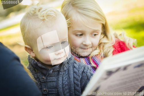 Image of Mother Reading a Book to Her Two Adorable Blonde Children
