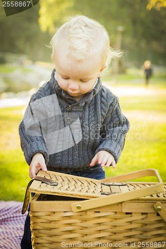 Image of Blonde Baby Boy Opening Picnic Basket Outdoors at the Park