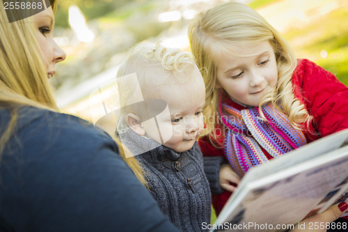 Image of Mother Reading a Book to Her Two Adorable Blonde Children
