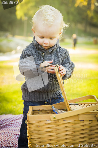 Image of Blonde Baby Boy Opening Picnic Basket Outdoors at the Park