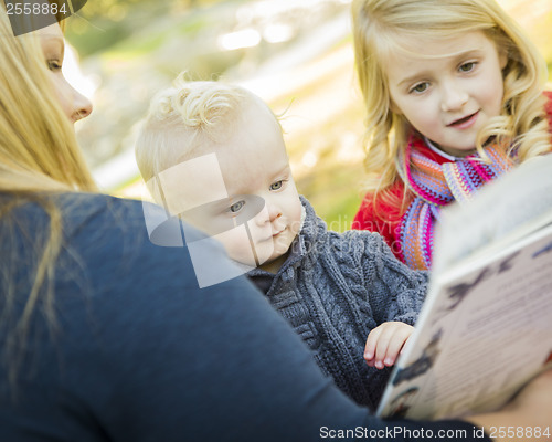 Image of Mother Reading a Book to Her Two Adorable Blonde Children
