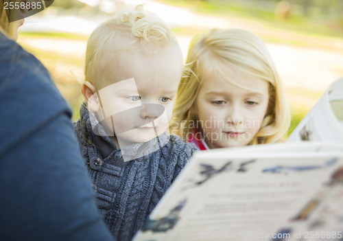 Image of Mother Reading a Book to Her Two Adorable Blonde Children
