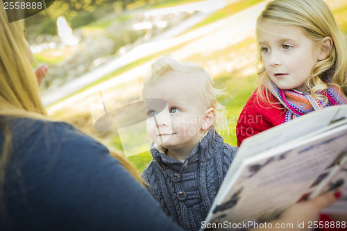 Image of Mother Reading a Book to Her Two Adorable Blonde Children
