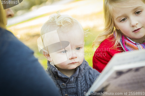 Image of Mother Reading a Book to Her Two Adorable Blonde Children
